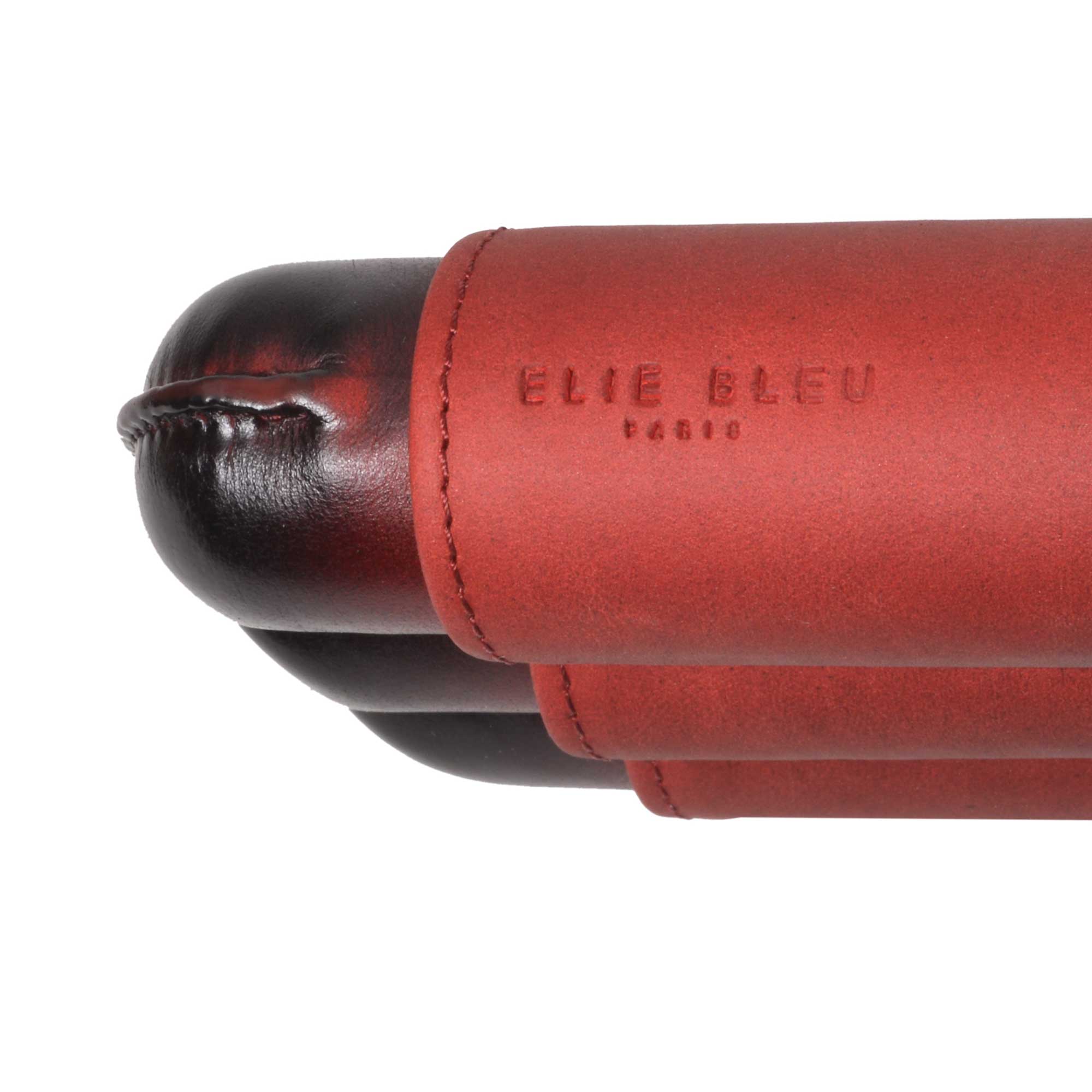 étui cigare cuir patiné 3 cigares rouge avec un zoom sur la signature elie bleu